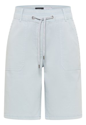 Lyseblå shorts til knæet med forlommer med klap og en snor i taljen med sølvfarvede metaløjer og ender.