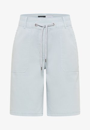 Shorts bleu clair longueur genoux avec poches plaquées à l'avant et taille coulissante avec œillets métalliques argentés et embouts.