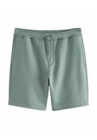 Pantalones cortos de algodón verde grisáceo con cintura elástica, cordón ajustable, bolsillos laterales y textura suave. Diseño informal, hasta la rodilla.