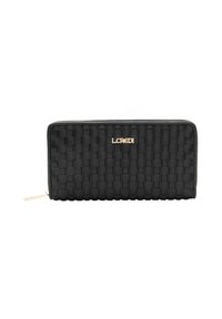 Czarny pleciony portfel ze złotym okuciem i logo "LCREDI" na przodzie. Posiada zapięcie na suwak oraz teksturowany, elastyczny design.