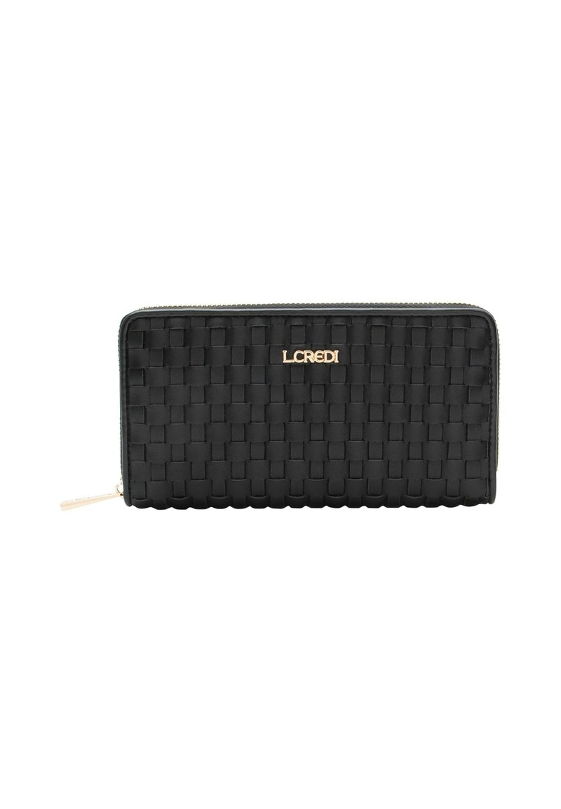 Czarny pleciony portfel ze złotym okuciem i logo "LCREDI" na przodzie. Posiada zapięcie na suwak oraz teksturowany, elastyczny design.