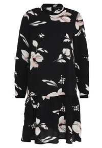 Robe noire avec un motif floral dans des teintes de rose et de blanc. Dotée de manches longues et d'un ourlet en volants à plusieurs niveaux. Fabriquée en tissu léger.