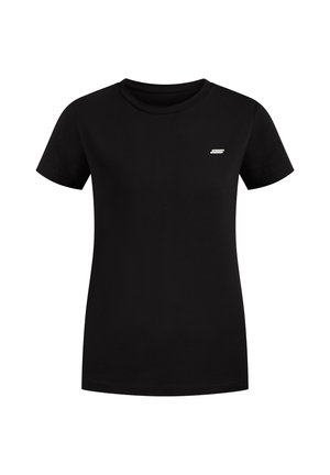 Zwart T-shirt met korte mouwen, gemaakt van katoen, met een ronde hals en een klein wit logo op de linkerkant van de borst. Eenvoudig, klassiek ontwerp.