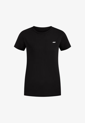 Zwart T-shirt met korte mouwen, gemaakt van katoen, met een ronde hals en een klein wit logo op de linkerkant van de borst. Eenvoudig, klassiek ontwerp.