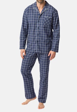 Marinekarierte Herren-Pyjama-Set mit langärmligem Hemd mit Knöpfen und passenden Hosen. Mit weißem Besatz und einer Brusttasche. Aus Baumwollstoff.