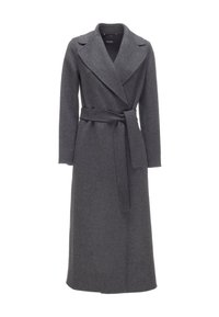 Cappotto avvolgente grigio in lana con maniche lunghe, rever a punta e una cintura abbinata. Presenta una silhouette dritta e una texture morbida.