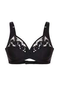 Reggiseno nero con inserti in pizzo che presentano motivi floreali, supporto con ferretto, spalline regolabili e chiusura sul retro con gancio e occhiello.