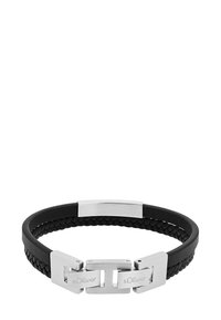 Bracciale in pelle intrecciata nera con chiusura in metallo argentato e dettagli di branding incisi. Finitura liscia e strutturata. Design rettangolare.