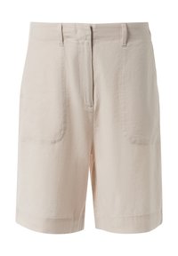Beige cotton shorts with a smooth texture, featuring two front pockets and a straight cut, with hemmed cuffs for a tailored finish.