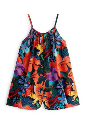 Colorful floral romper featuring a vibrant pattern with orange, purple, and green hues, adjustable straps, and loose-fitting design.