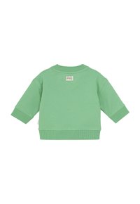 Sweat-shirt pour bébé à manches longues vert avec des poignets et un ourlet côtelés, vu de dos avec une petite étiquette près de l'encolure.