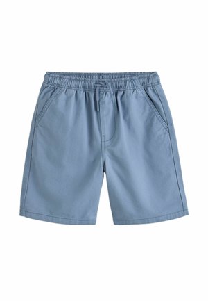 Light blue men's casual shorts with elastic waistband, drawstring, and front side pockets, laid flat on a white background.