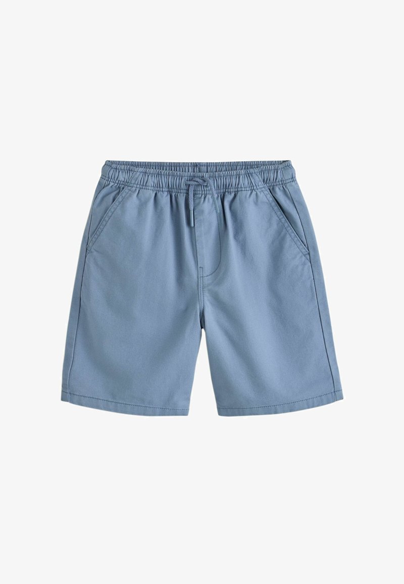 Shorts décontractés pour hommes de couleur bleu clair, avec taille élastique, cordon de serrage et poches latérales avant, posés à plat sur un fond blanc.
