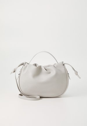 Light gray leather handbag with a rounded shape, gathered top, adjustable shoulder strap, and knotted accent on the side.