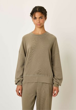 Olive green sweatshirt with a crew neck, relaxed fit, and long sleeves. Textured fabric with visible stitching details.
