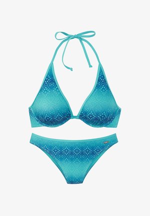 Turquoise bikini set featuring a triangular top with tie neck, and matching bottom. Textured pattern with gradient from dark to light blue.