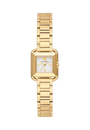 Gold-tone square-faced wristwatch with linked bracelet, white dial, minimal gold markers, and three gold hands showing 1:15:36.