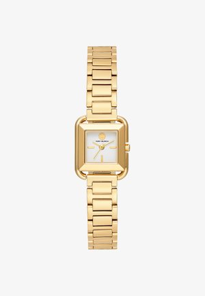 Gold-tone square-faced wristwatch with linked bracelet, white dial, minimal gold markers, and three gold hands showing 1:15:36.