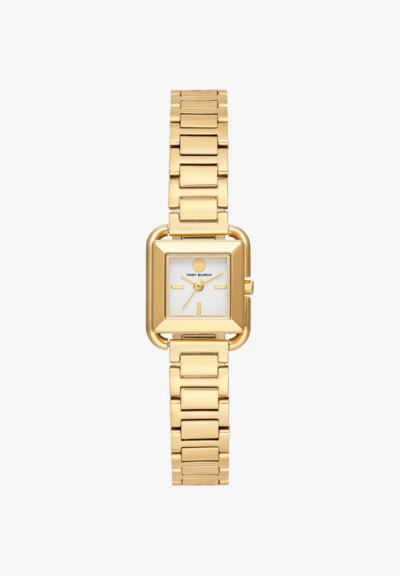 Orologio da polso con cassa quadrata color oro, cinturino a maglie, quadrante bianco, indici dorati minimali e tre lancette dorate che segnano 1:15:36.