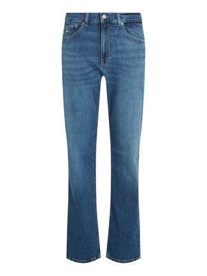 Jeans en denim bleu avec une coupe droite, présentant une taille haute, des poches avant et une fermeture à bouton. Texture lisse avec un léger délavage.