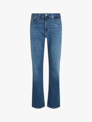 Jeans din denim albastru cu un design cu picioare drepte, având o talie înaltă, buzunare frontale și o închidere cu nasture. Textură netedă cu o estompare subtilă.