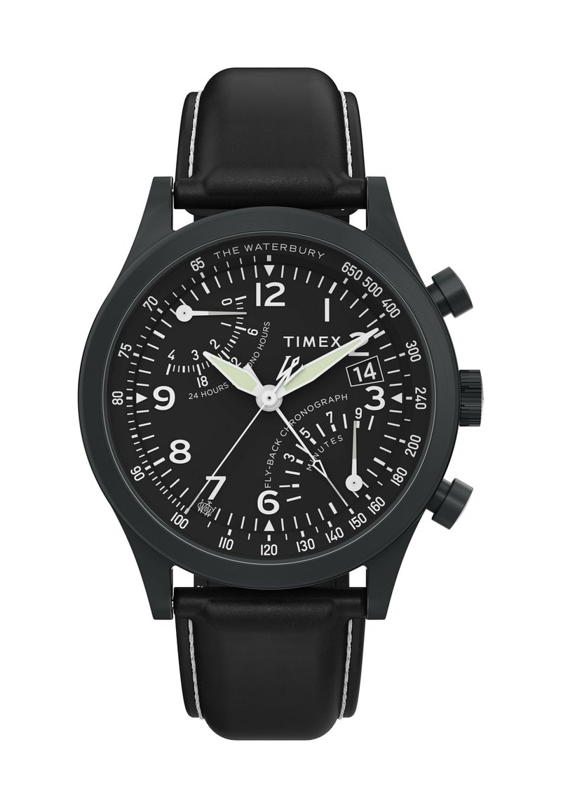 Orologio cronografo nero con quadrante rotondo, marcatori delle ore bianchi e lancette argentate. Presenta un cinturino in pelle con cuciture bianche e cassa nera.