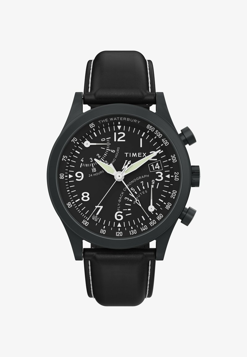 Schwarze Chronograph-Uhr mit rundem Zifferblatt, weißen Stundenmarkierungen und silbernen Zeigern. Verfügt über ein Lederarmband mit weißem Faden und schwarzem Gehäuse.