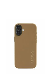 Bruine siliconen smartphonehoes met uitsparingen voor een dubbele camera, een logo dat aan de zijkant is gegraveerd en een gladde matte textuur.
