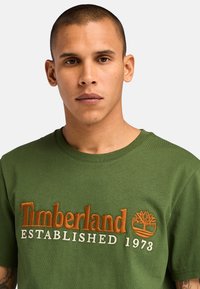 Zelené bavlněné tričko s vyšívaným logem "Timberland" v oranžové a bílé barvě, s uvedeným rokem založení 1973, kulatým výstřihem a krátkým rukávem.