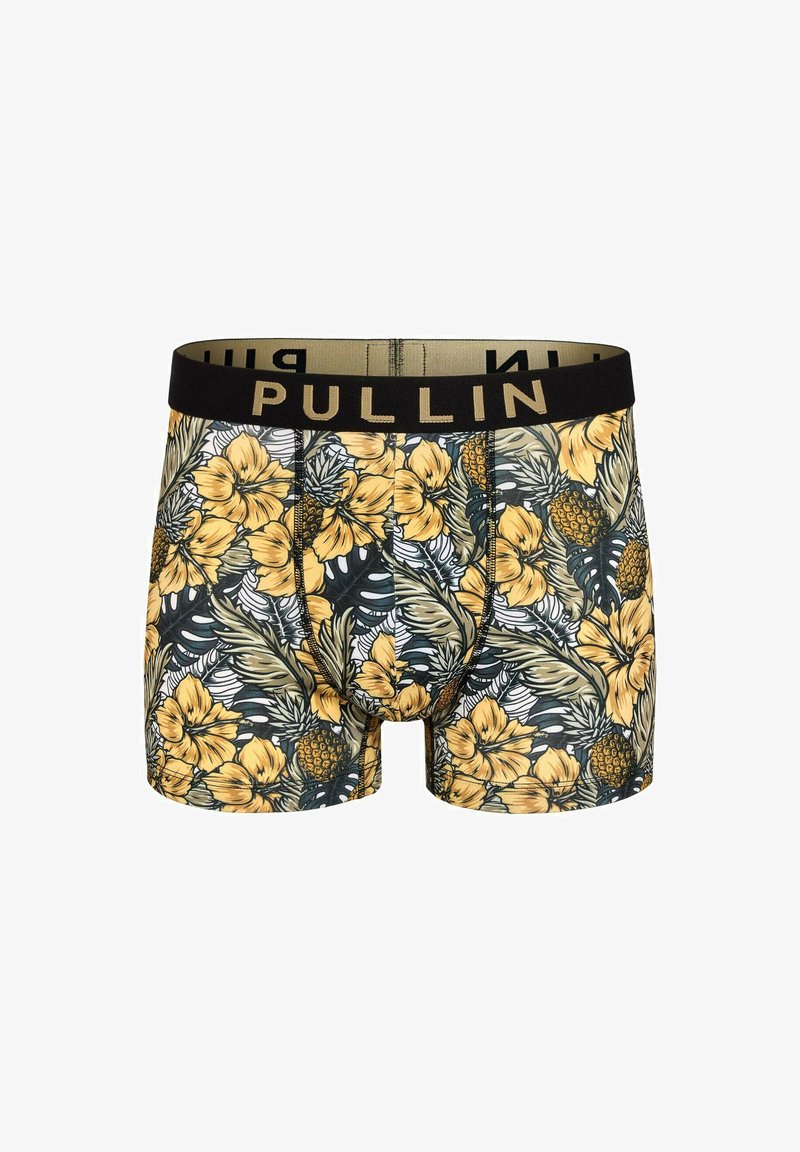 Un caleçon avec une ceinture noire portant "PULLIN" en doré ; décoré de motifs floraux jaunes et de feuilles vertes sur un fond blanc.