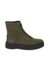 Bottines en cuir vert avec une finition texturée, dotées de lacets ronds noirs et d'une épaisse semelle en caoutchouc à crampons pour une meilleure adhérence.