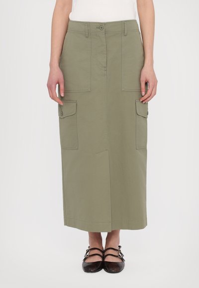 Olive green cargo skirt with a mid-calf length, featuring two front pockets, a button closure, and a straight cut design.