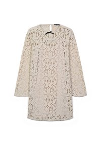 Spitzenkleid in hellem Beige mit langen Ärmeln, rundem Ausschnitt und schlüssellochartigem Detail im Rücken. Verfügt über ein florales Spitzenmuster über das gesamte Kleid.