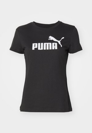 Čierne bavlnené tričko s bielym logom "PUMA" a siluetou skáčucej pumy, s okrúhlym výstrihom a krátkymi rukávmi. Ľahká tkanina.