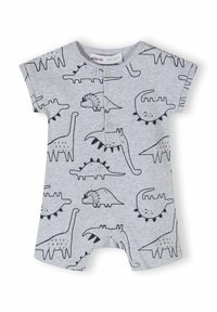 Jumpsuit gris à manches courtes avec des motifs de dinosaures noirs, fermeture à boutons pression sur le devant et encolure arrondie. Tissu en coton doux.