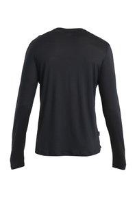 Ein schlichtes schwarzes Langarmshirt, von hinten gezeigt, mit einem Rundhalsausschnitt und einem kleinen Seitenschild rechts.