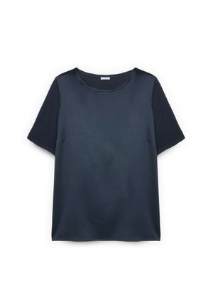 Bluza cu mâneci scurte, albastru închis, cu panou frontal neted și lucios și mâneci și spate din material mat, așezată plan pe un fundal alb.