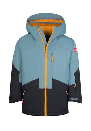 Children's jacket, featuring a light blue top, black bottom, and orange accents. Includes a hood and zippered pockets, with a logo on the sleeve.