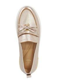 Metallic rose gold slip-on shoe with textured leather, bow accent, and golden hardware. Rounded toe and padded interior. Flat sole.