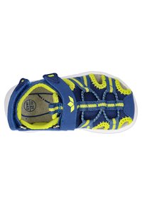 Blaue und gelbe Mesh-Sandale mit einem sicheren Riemen, flexiblem Sohle und ausgeschnittenem Design für Belüftung. Mit kontrastierenden Nähten und Akzenten.