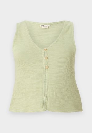 Light green sleeveless top with a v-neck, three button closures down the front, and a textured knit fabric. Simple and casual design.