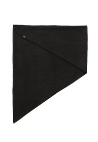 Black triangular scarf made of a soft knit material. Features a diagonal fold and a small brand tag on the edge. Flat layout.