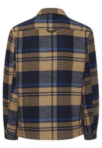 Camicia a quadri marrone e blu navy, tessuto intrecciato con accenti blu, colletto con bottoni, maniche lunghe e orlo dritto sul retro.