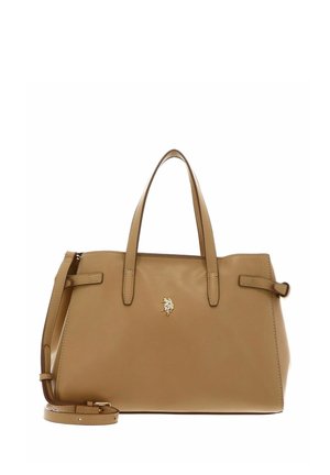 Sac à main en cuir fauve avec double poignée, bandoulière ajustable et petit emblème doré de cavalier sur le devant.