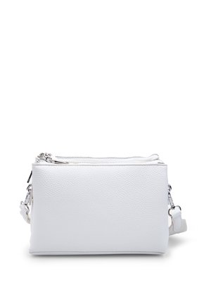 White textured leather crossbody bag with silver zippers and detachable strap against a white background.