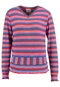 Sweter w paski z długim rękawem, z dekoltem w serek, o prążkowanej fakturze, w kolorach czerwonym, różowym, fioletowym i niebieskim, z postrzępionym dołem.