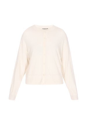Krém színű, rövidített kardigán puha kötött anyagból, hosszú ujjakkal, kerek nyakkivágással és gombos elülső záródással.
