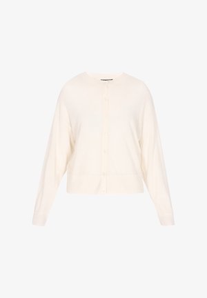 Kremowy, krótki kardigan wykonany z miękkiej dzianiny, z długimi rękawami, okrągłym dekoltem i zapięciem na guziki.