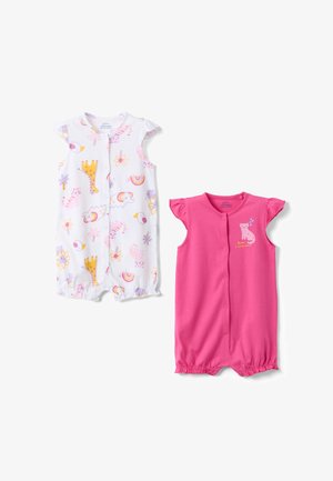Zwei ärmellose Baby-Strampler; einer weiß mit bunten Tier- und Regenbogenmotiven, einer rosa mit einer Katzen-Grafik und dem Text "Brüll, ich liebe dich!".
