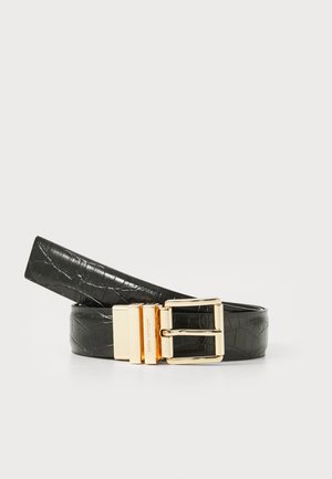 Black crocodile-embossed leather belt featuring a shiny gold-tone double prong buckle with a rectangular design and engraved brand name.